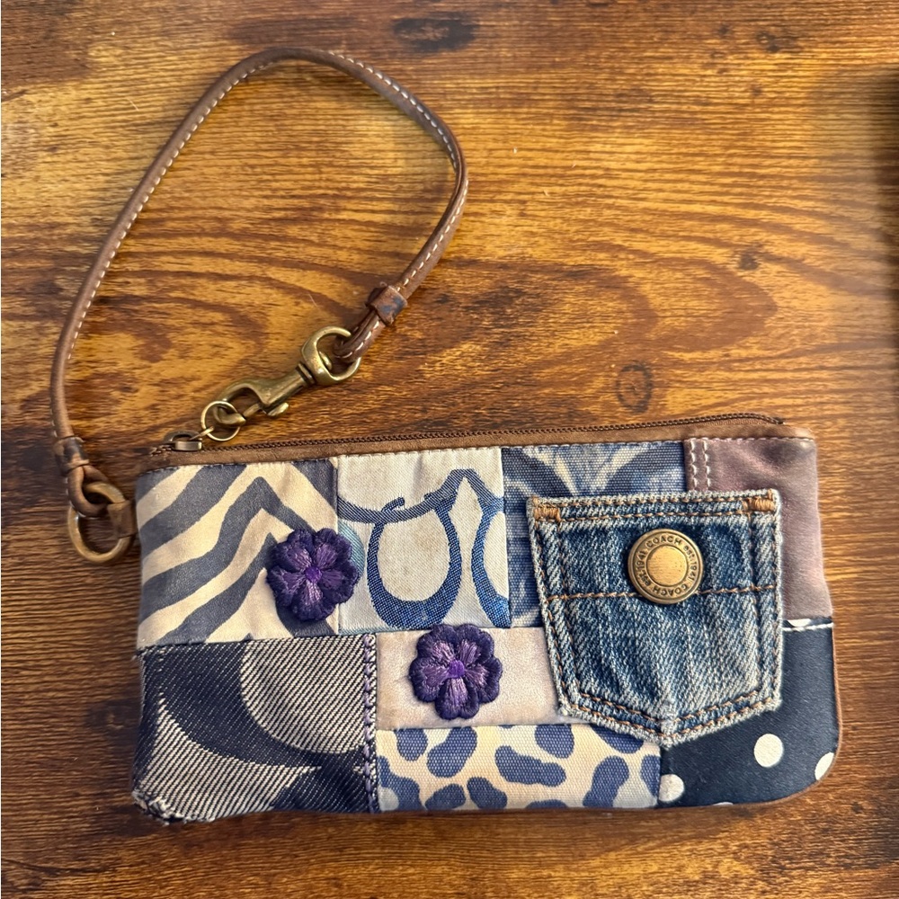 Vintage patchwork Coach Wristlet with Denim and Purple Accents